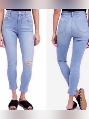 Free People High Waist Ripped Skinny Jeans Blue Crop Size 28 NWT